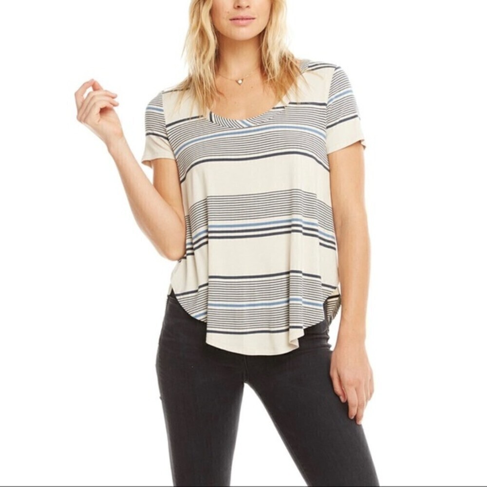 NWT CHASER Cream Blue Striped Tulip Scoop Neck Cool Jersey Tee Shirt Size Medium